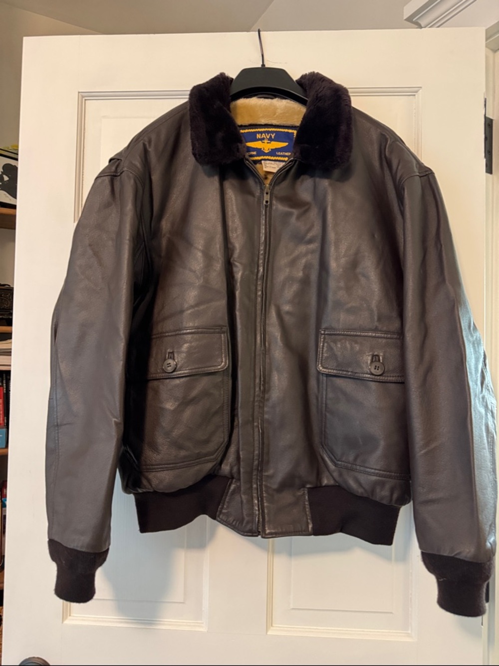 Airborne Leather Navy Bomber Jacket Mens L Genuine Leather Faux Fur Collar